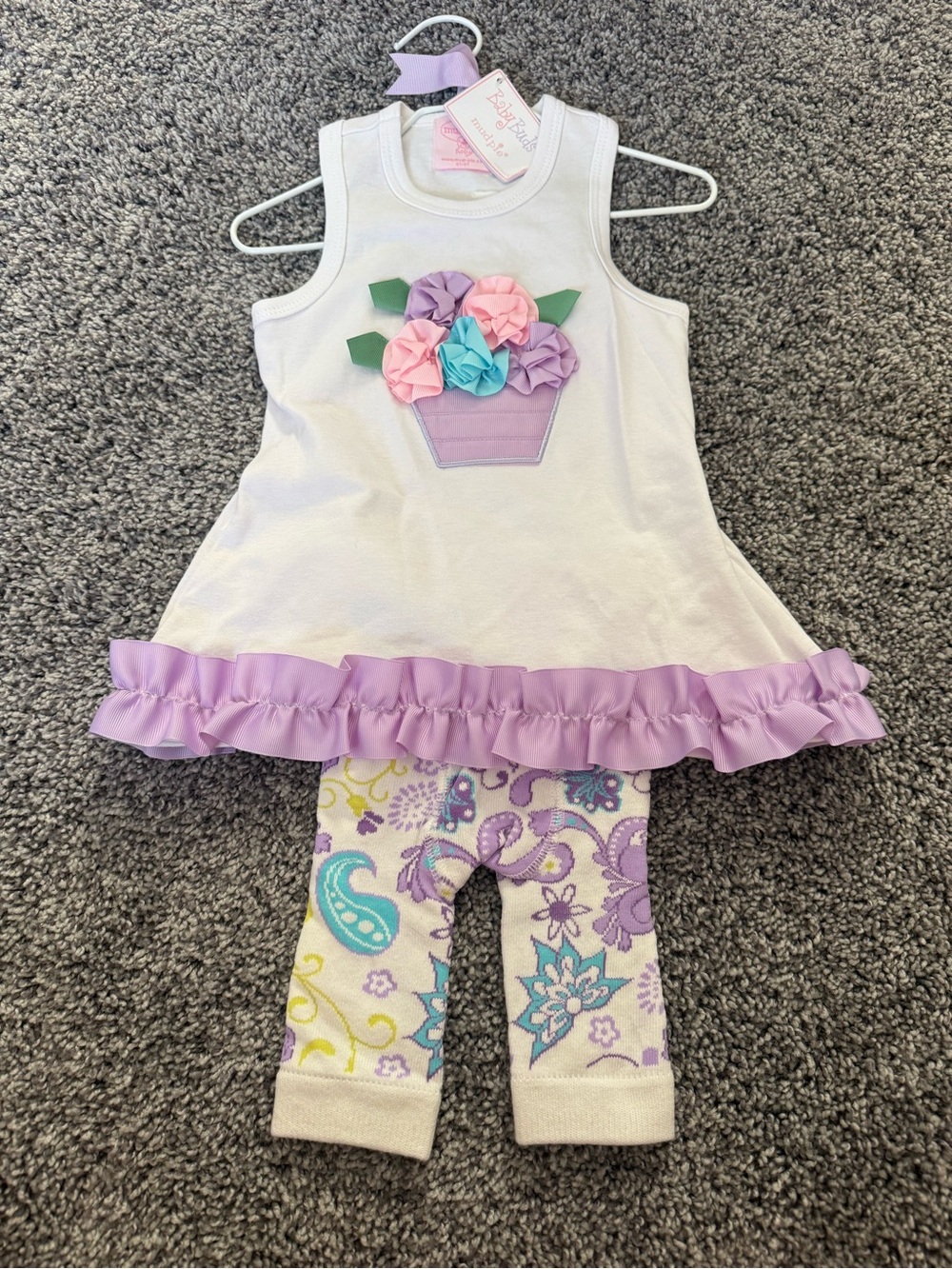 Mud Pie Baby White Top with Pink Label and Lavender Bow